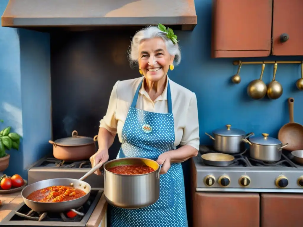 Una anciana italiana remueve salsa de tomate en cocina rústica, con ventana a paisaje toscano