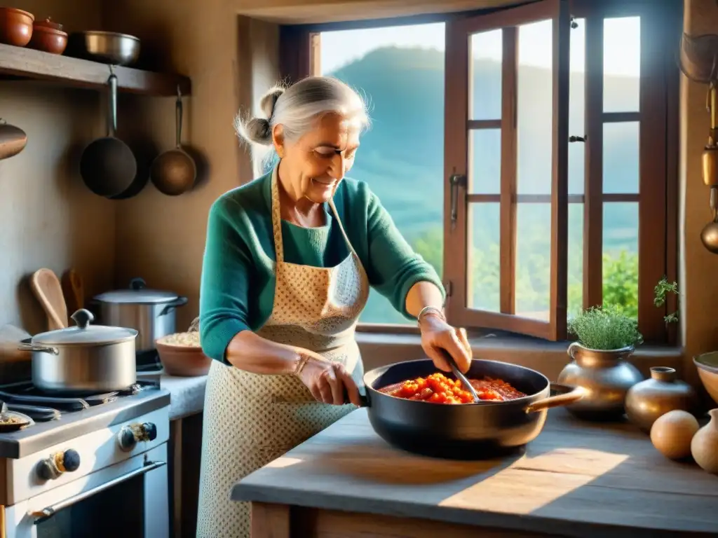 Una anciana italiana remueve salsa de tomate en una cocina rústica llena de utensilios tradicionales