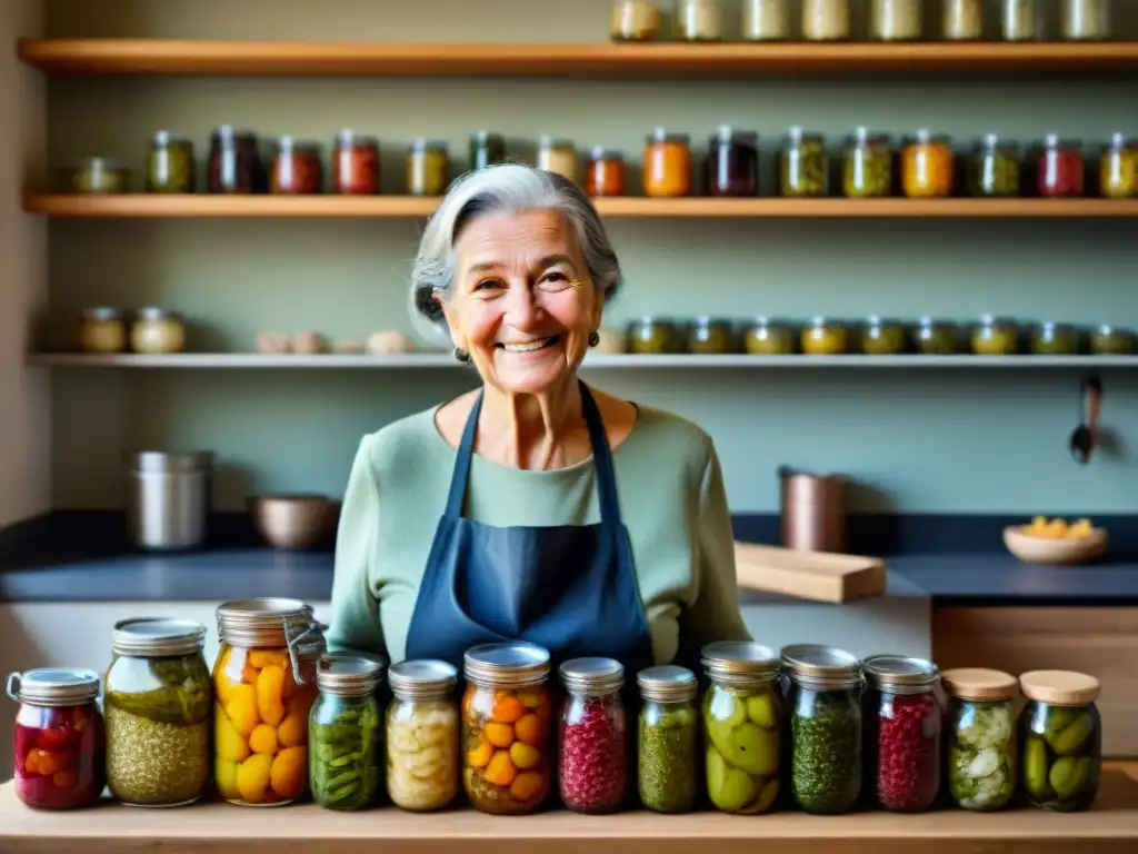 Una anciana italiana sonriente preparando alimentos fermentados en una cocina tradicional, destacando la dieta italiana vida larga fermentados