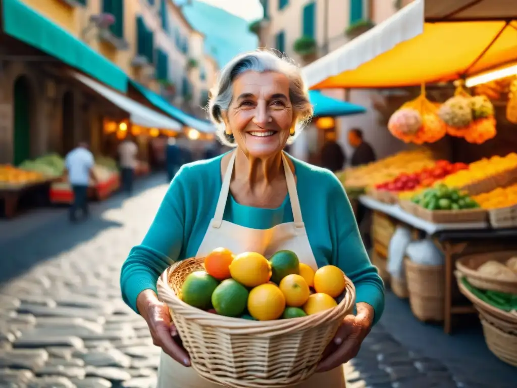 Una anciana italiana sonriente vende scagliozzi en un bullicioso mercado callejero de Nápoles