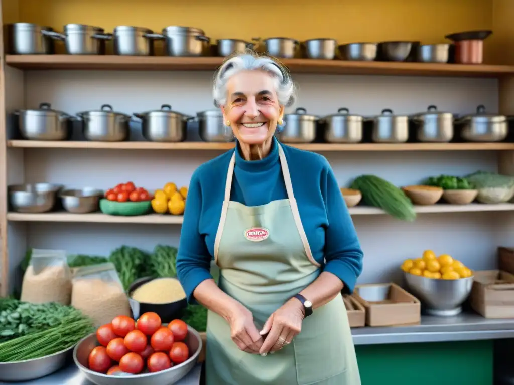 Una anciana italiana remueve sopa en una bulliciosa cocina comunitaria, rodeada de voluntarios y productos frescos