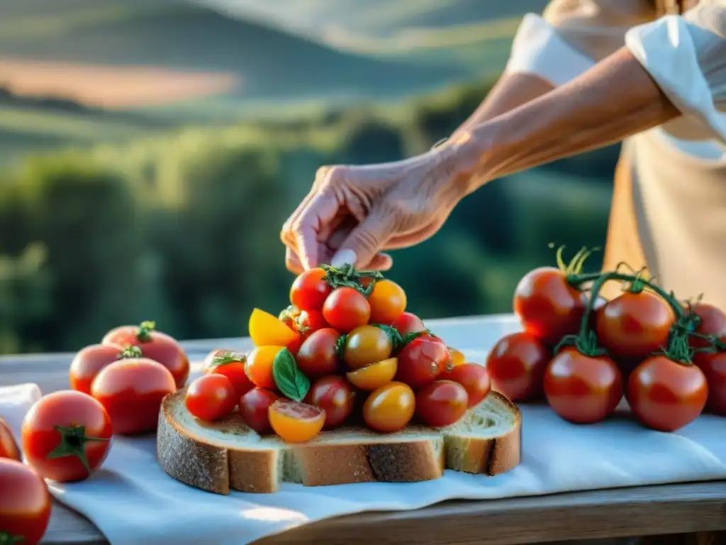 Una anciana italiana arregla tomates frescos sobre pan tostado, en un escenario campestre toscano