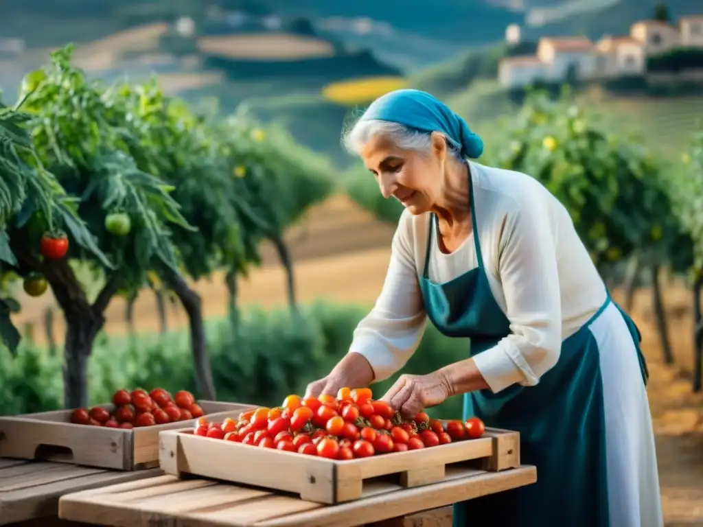 Una anciana italiana cuidadosamente dispone tomates al sol en bandejas de madera, mostrando la conservación de alimentos en el Sur de Italia