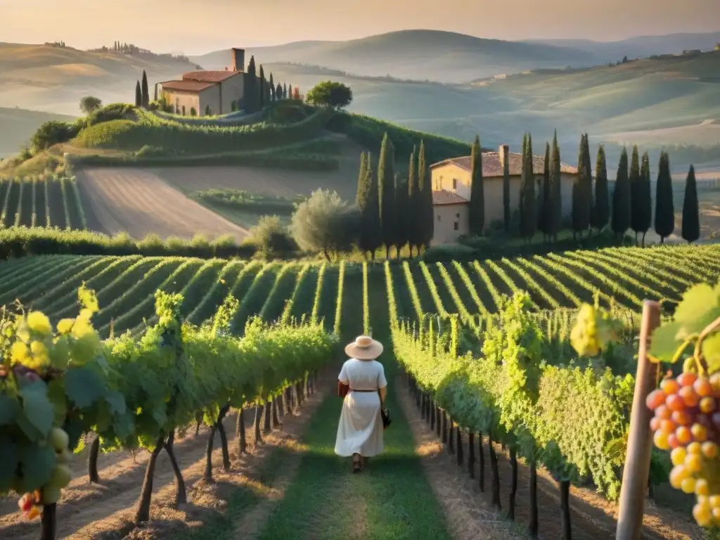 Una anciana italiana inspecciona uvas en viñedo toscano al atardecer, evocando la tradición de los Vinos de Toscana en cocina