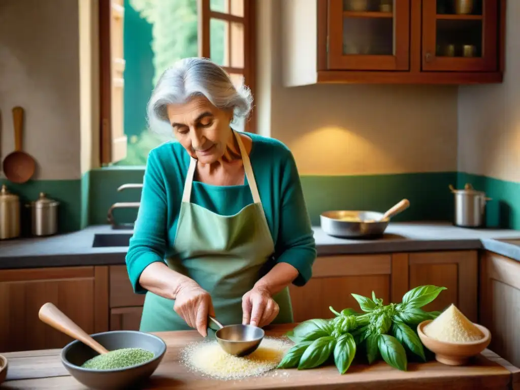 Una anciana ligur en su cocina tradicional preparando pesto con pasión y destreza