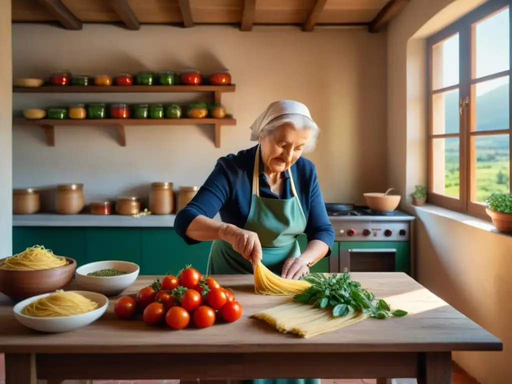 Una anciana nonna italiana preparando pasta fresca en una cocina rústica con platos y hierbas frescas