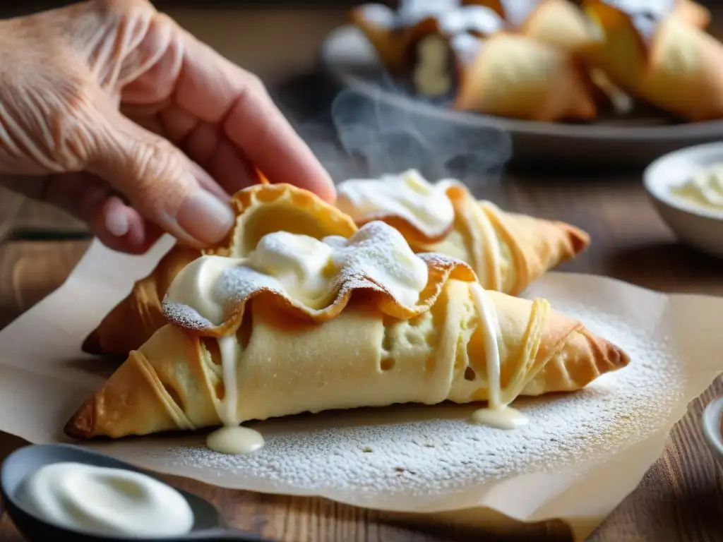 Una anciana siciliana rellena cannoli recién fritos en una cocina tradicional, evocando la historia familiar de los cannoli sicilianos