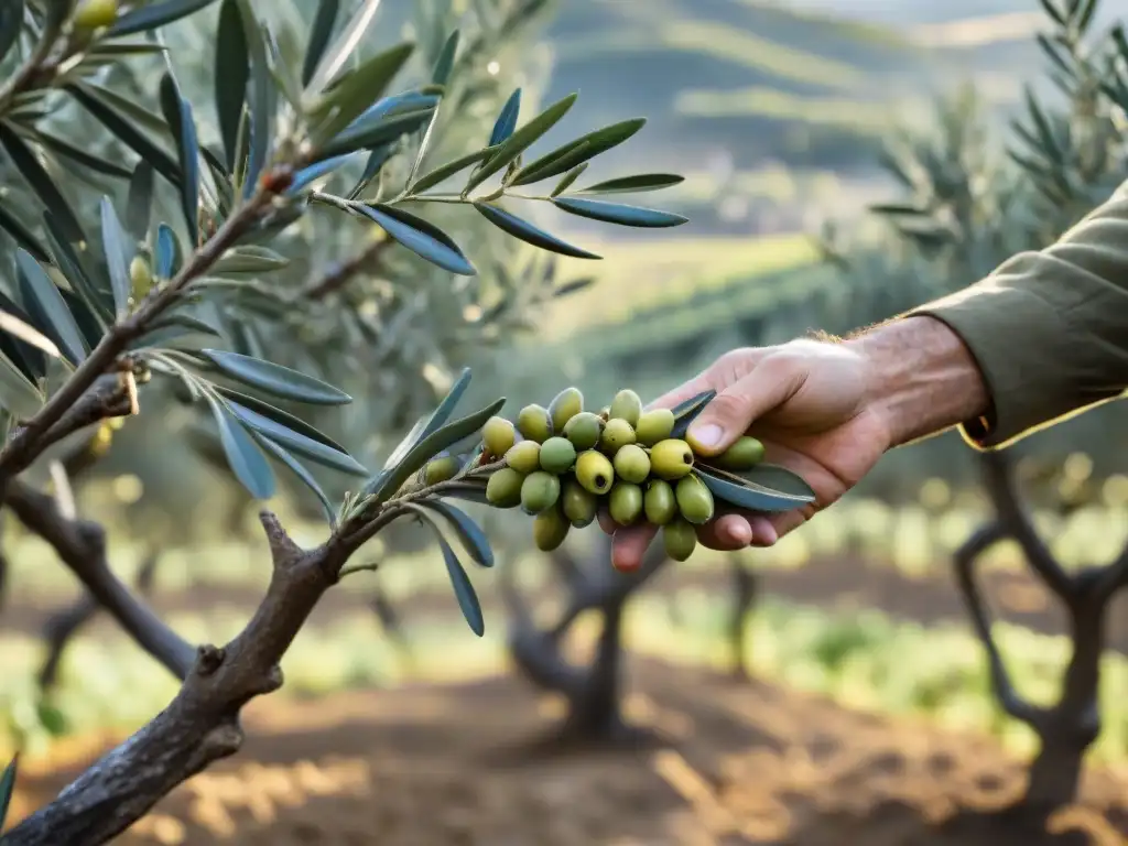 Un anciano agricultor cosechando aceitunas en un olivar de la Toscana, Italia, bajo el sol mediterráneo, transmitiendo la tradición de la cosecha de aceite de oliva