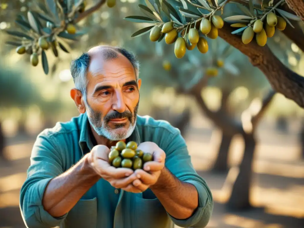 Un anciano agricultor italiano acaricia aceitunas, con ojos sabios, en un campo de olivos bajo el sol dorado