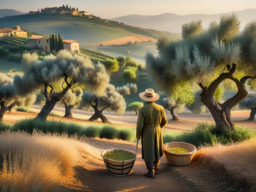 Un anciano agricultor italiano recolecta aceitunas en un olivar de la Toscana al atardecer, evocando los mejores aceites de oliva de Italia