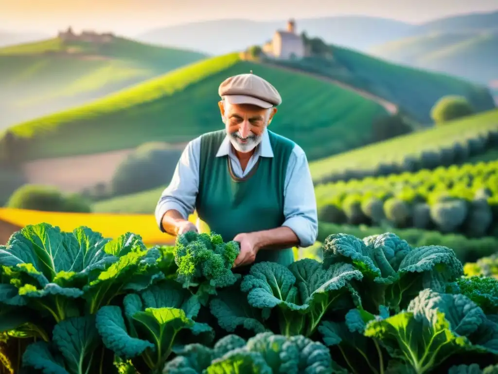 Un anciano agricultor italiano cosechando suavemente hojas de col rizada bajo el sol dorado de la Toscana, con colinas onduladas y casas de campo rústicas al fondo, mostrando las prácticas agrícolas tradicionales italianas y la esencia de incorporar col rizada en la