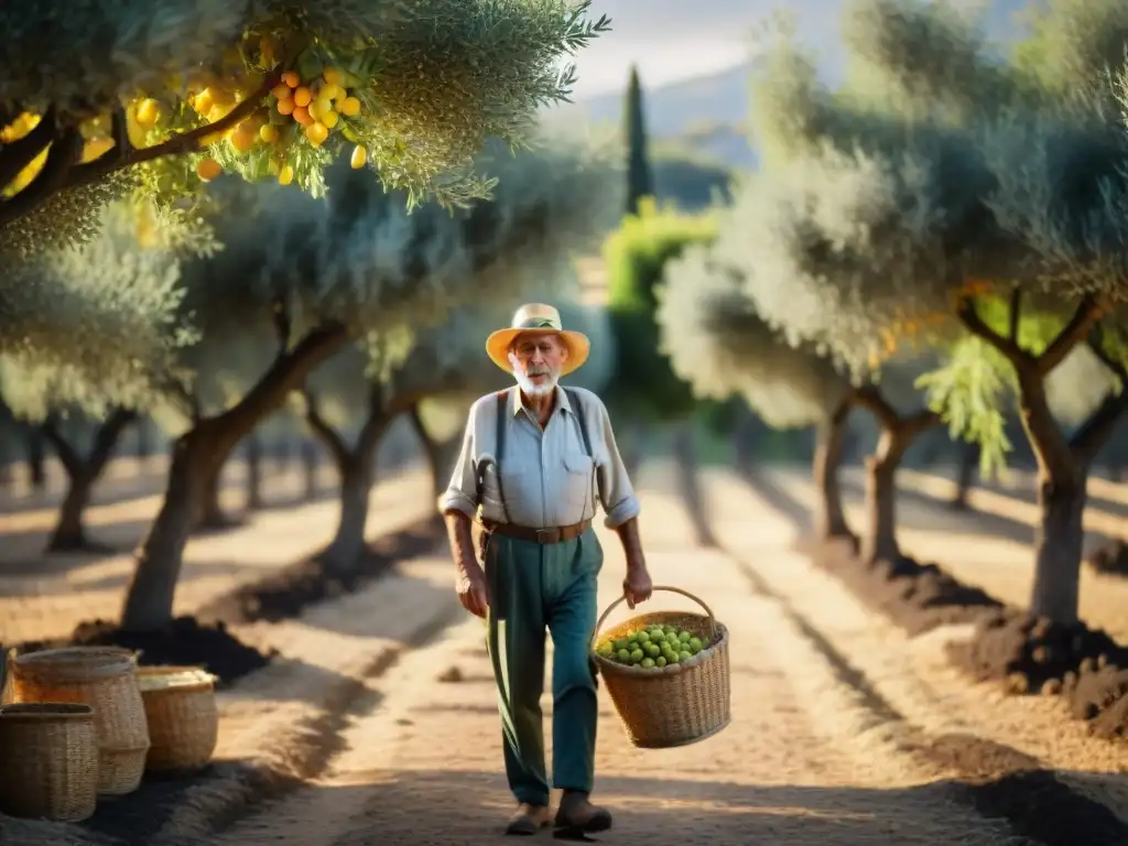 Un anciano agricultor italiano con manos curtidas y un sombrero de paja, orgulloso en un olivar soleado, rodeado de olivos verdes