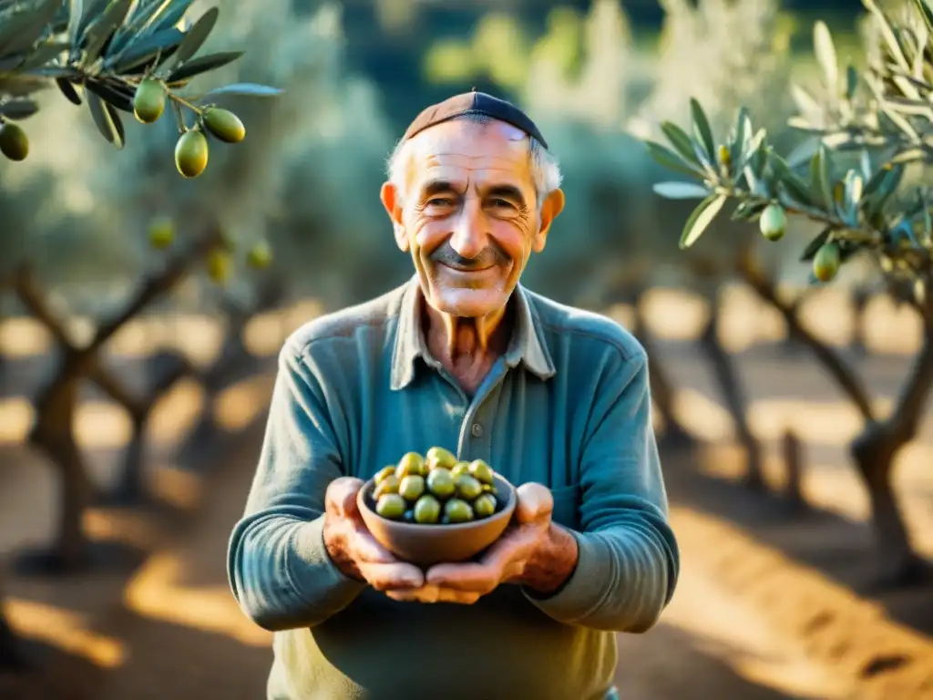 Un anciano agricultor italiano sostiene con ternura una aceituna recién cosechada en un olivar centenario