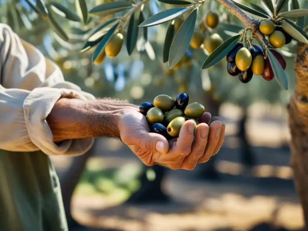 Un anciano agricultor de olivos experto cosechando aceitunas bajo el sol mediterráneo