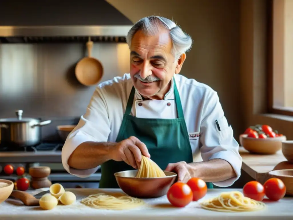 Un anciano chef italiano moldea con destreza la masa de pasta, rodeado de ingredientes y herramientas de cocina tradicionales