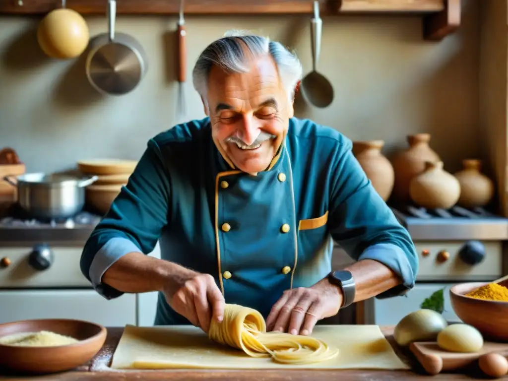 Un anciano chef italiano amasa hábilmente masa fresca en una cocina rústica, llena de utensilios vintage y especias coloridas