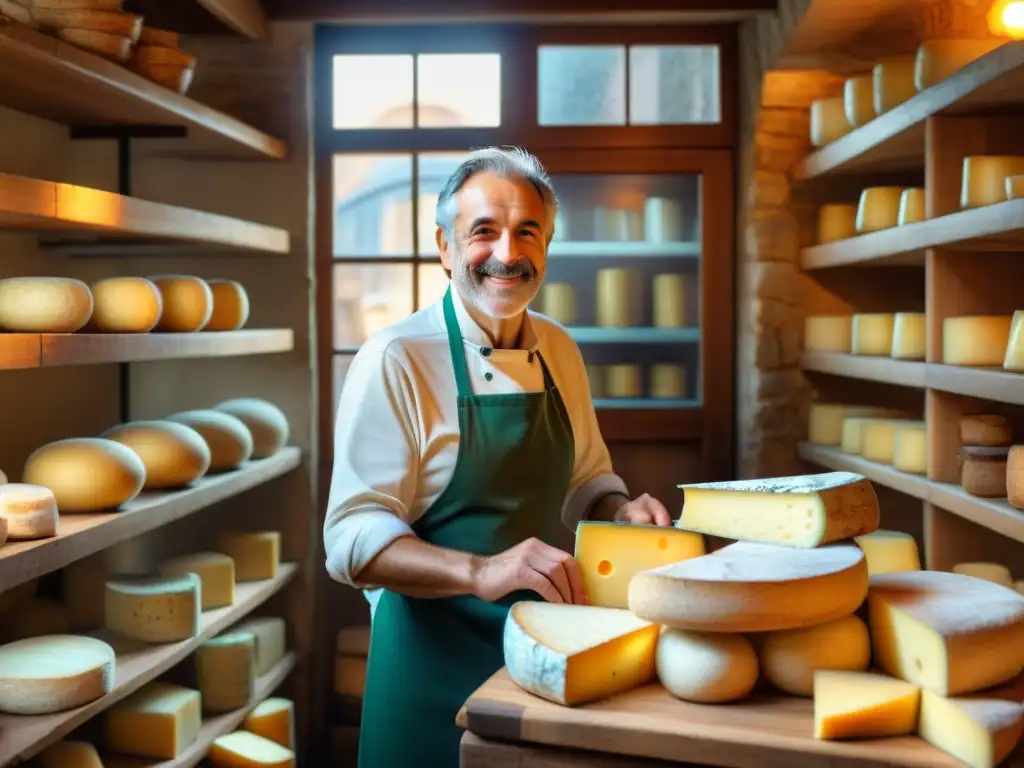 Un anciano corta Parmigiano Reggiano en una tienda de quesos italiana con libros