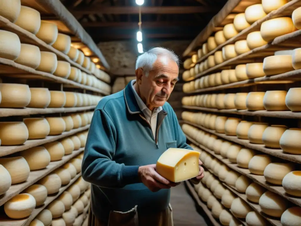 Un anciano italiano en una bodega de quesos tradicional, inspecciona ruedas de Parmigiano Reggiano bajo la tenue luz