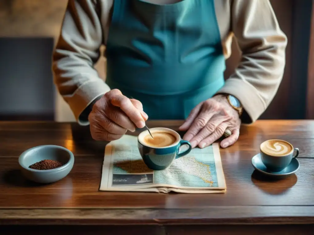 Un anciano italiano preparando un espresso rodeado de recuerdos de guerra, evocando la historia del espresso en Italia