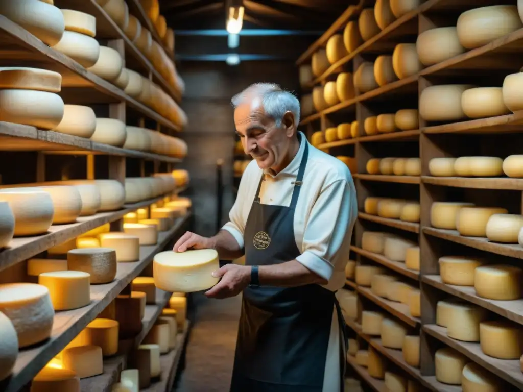 Un anciano italiano experto en la elaboración de quesos Parmigiano Reggiano en una bodega rústica