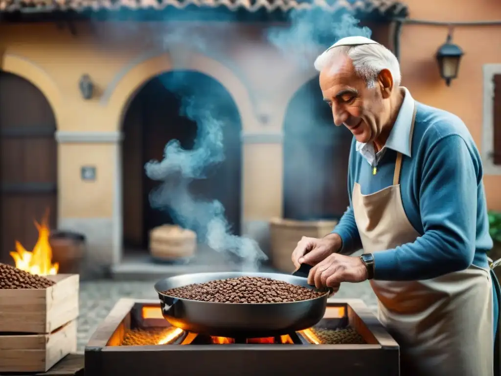 Un anciano italiano experto tuesta granos de café en sartén sobre fuego