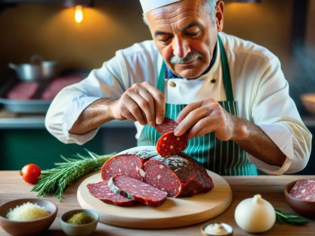 Un anciano italiano experto en salami, reflejando las técnicas tradicionales de conservación de alimentos italianos