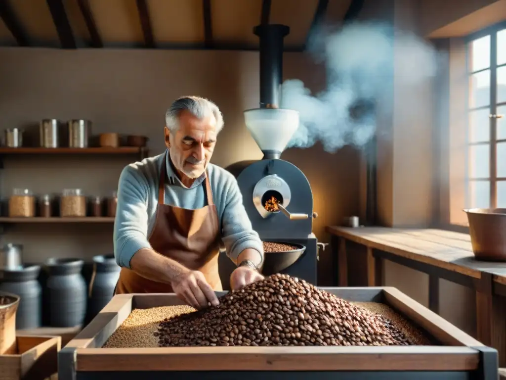 Un anciano italiano tuesta granos de café en una tostaduría, reflejando la esencia de los cafés históricos italianos sostenibles