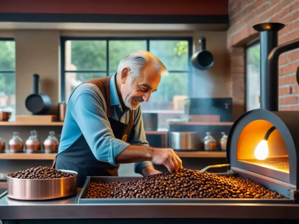 Un anciano italiano tuesta granos de café en un tostador de cobre en una cafetería histórica, creando una atmósfera auténtica y nostálgica