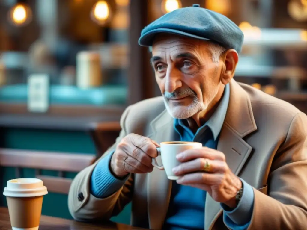 Un anciano italiano sostiene una taza de espresso, con mirada nostálgica en un café lleno de vida, historia del espresso en Italia