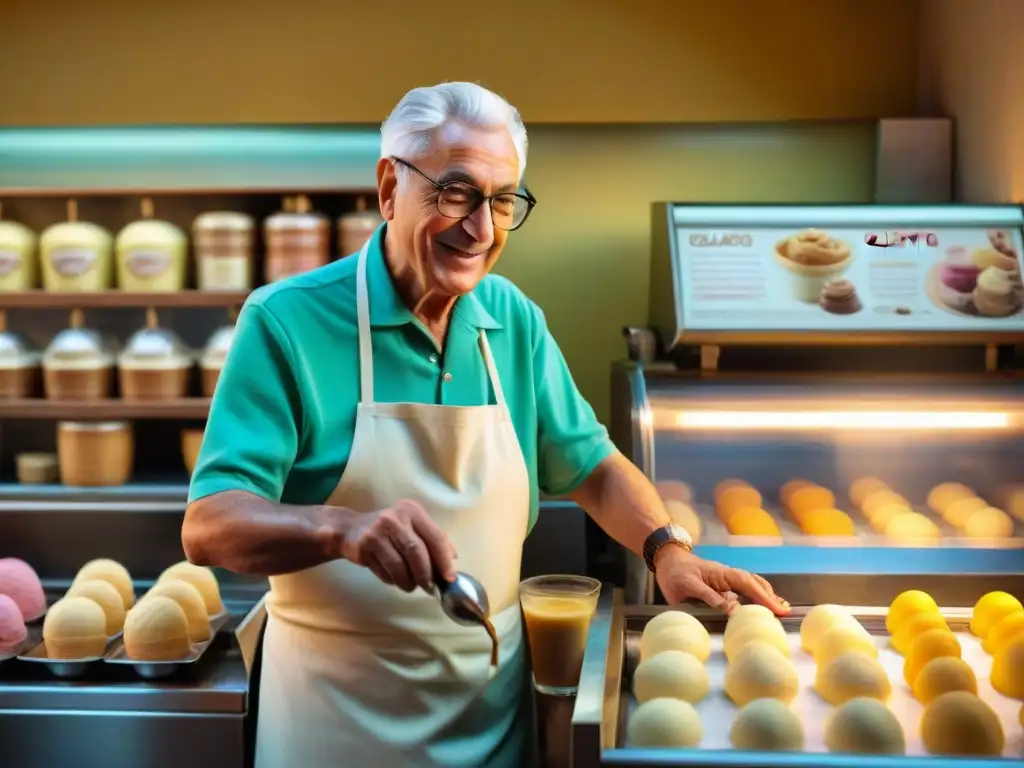 Un anciano maestro heladero italiano elaborando gelato en una tradicional heladería