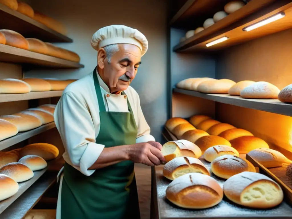 Un anciano panadero moldea con destreza la masa para Pan de Altamura receta tradicional en una panadería en Italia