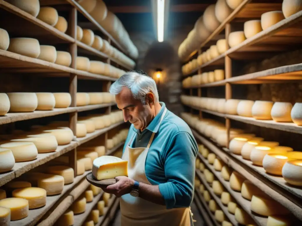 El anciano quesero italiano inspecciona con cuidado ruedas de queso Pecorino en una bodega de piedra iluminada tenue