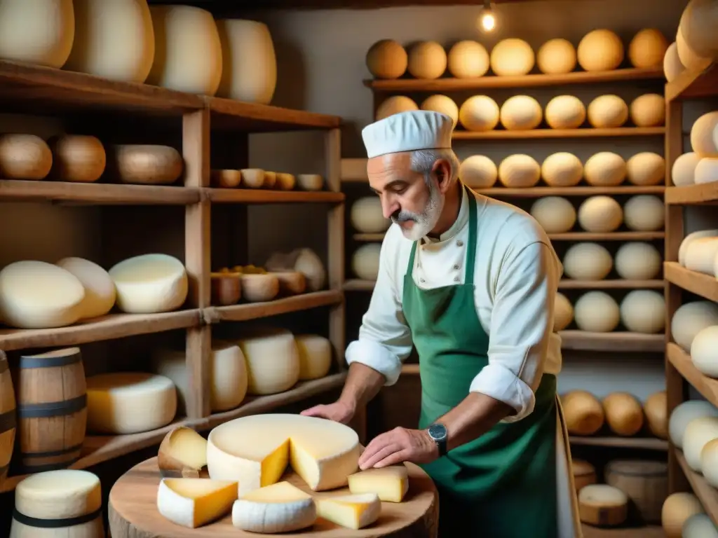 Un anciano quesero italiano experto elabora una grande Scamorza ahumada en un taller tradicional