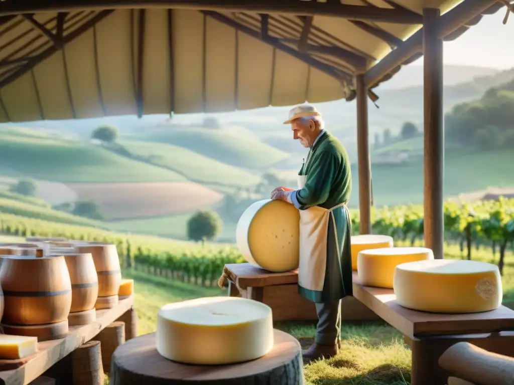 Un anciano quesero italiano elaborando queso ParmigianoReggiano al amanecer en una granja tradicional