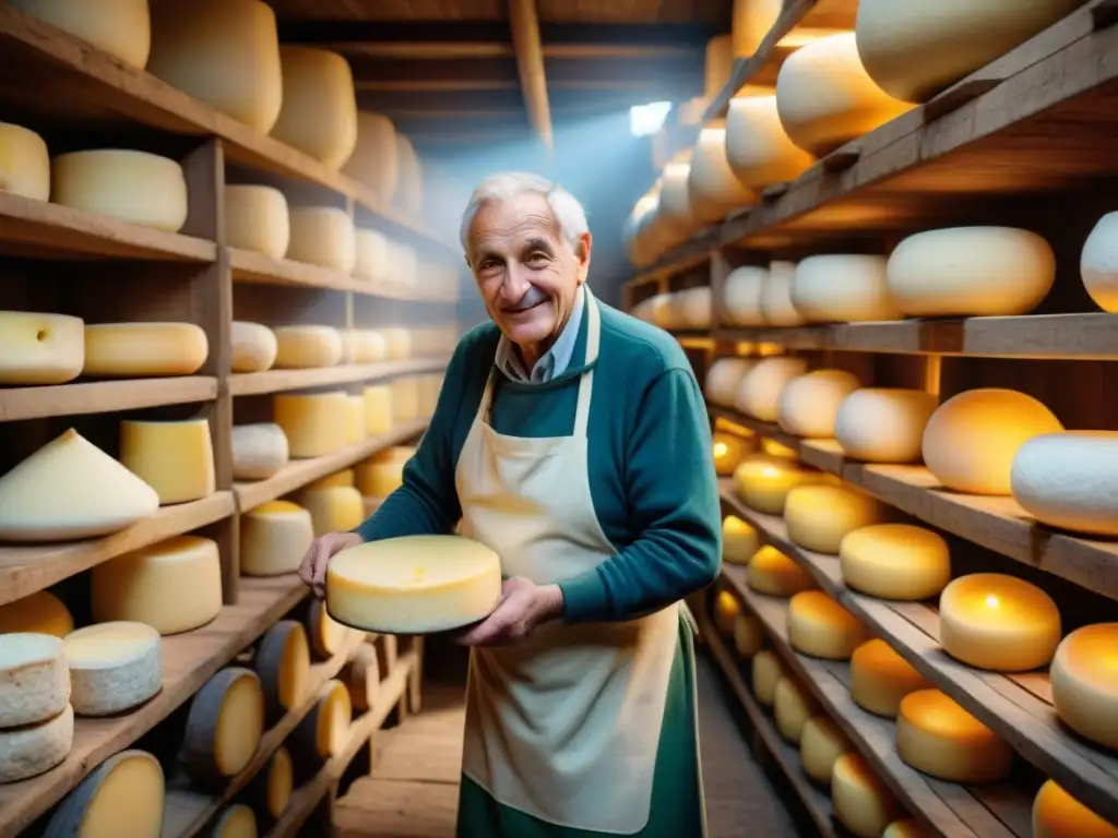 Un anciano quesero de Lombardía elabora queso en una bodega rústica, mostrando su destreza