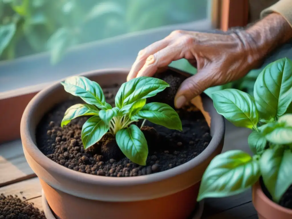 Un anciano sonriente planta semillas de albahaca en un huerto urbano italiano cuidados, evocando sabiduría y tranquilidad