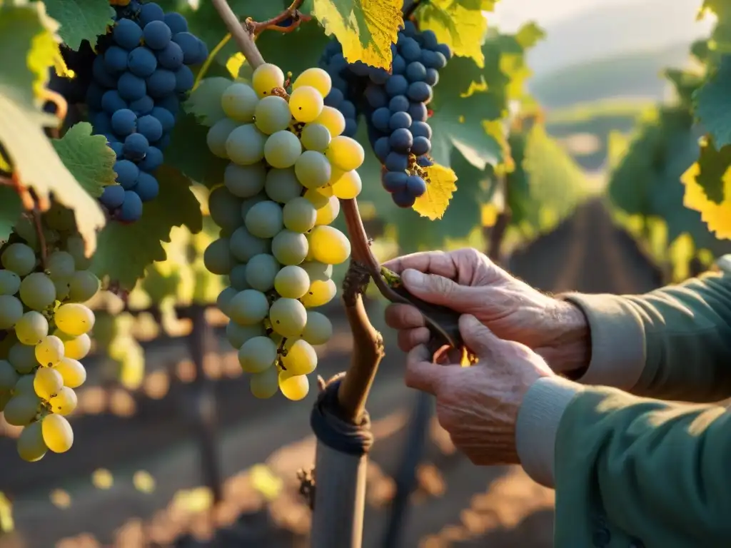 Un anciano viticultor cuida con sabiduría de las vides en un viñedo italiano al atardecer, mostrando la conexión con el terroir