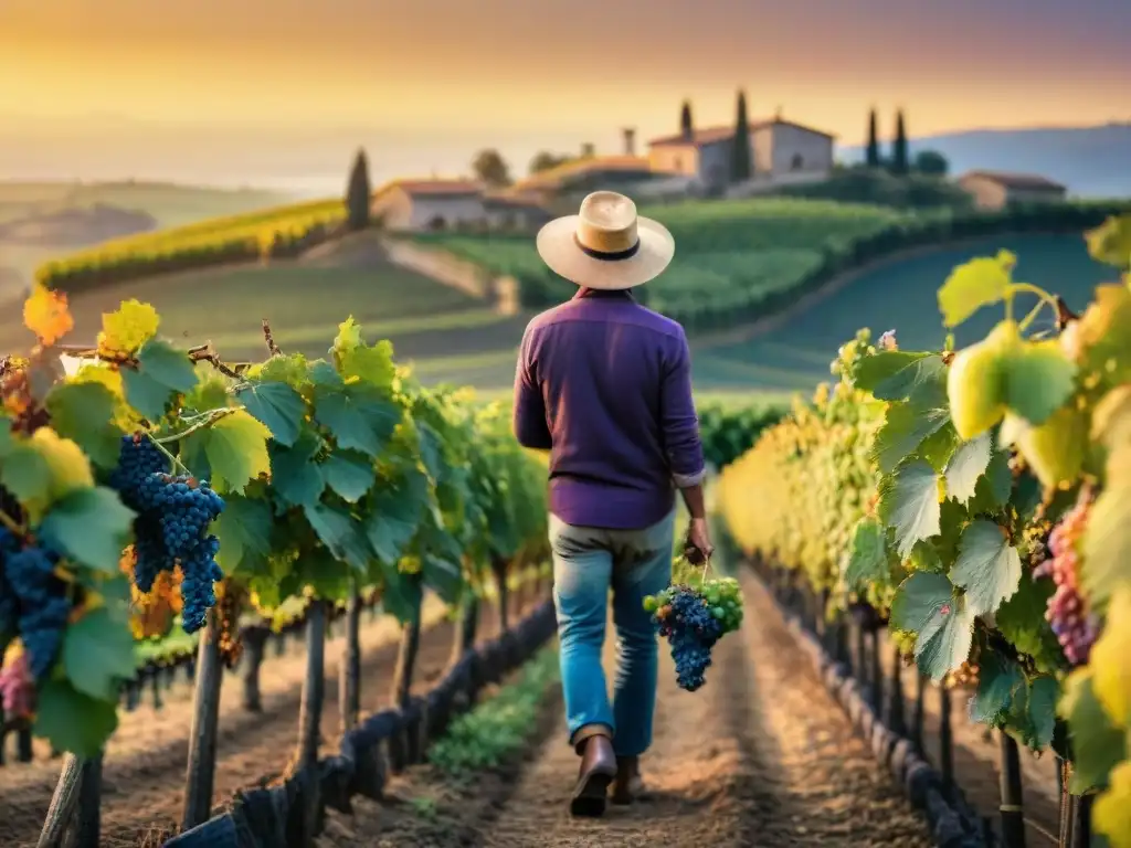 Un anciano viticultor inspecciona uvas en un viñedo italiano al atardecer, escena de tradición y perfección del vino italiano para eventos