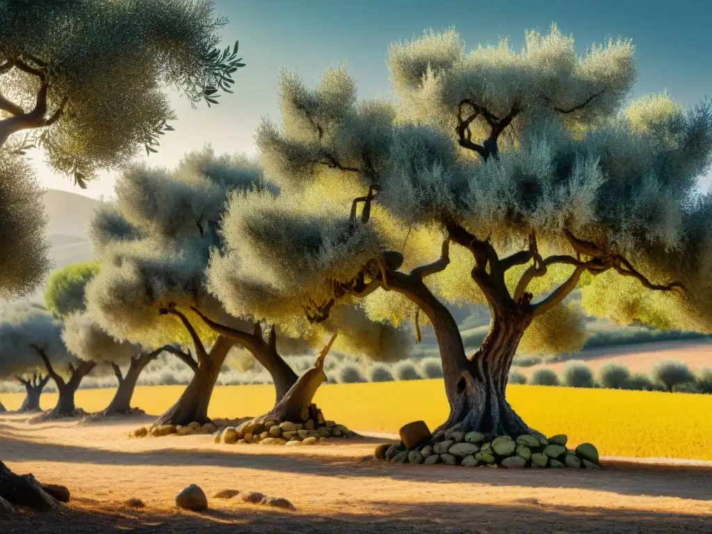 Ancianos olivos italianos danzando bajo el sol dorado, creando un mágico paisaje en la campiña