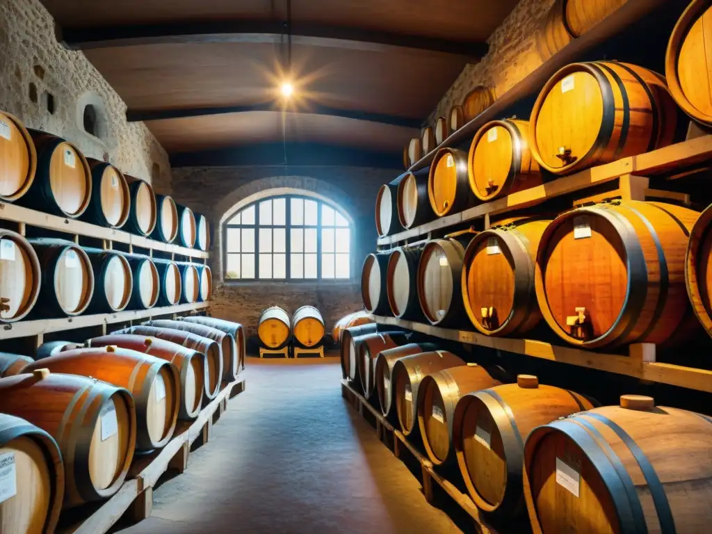 Vinagres añejos de la cocina italiana en bodega tradicional con barricas de madera y ambiente cálido