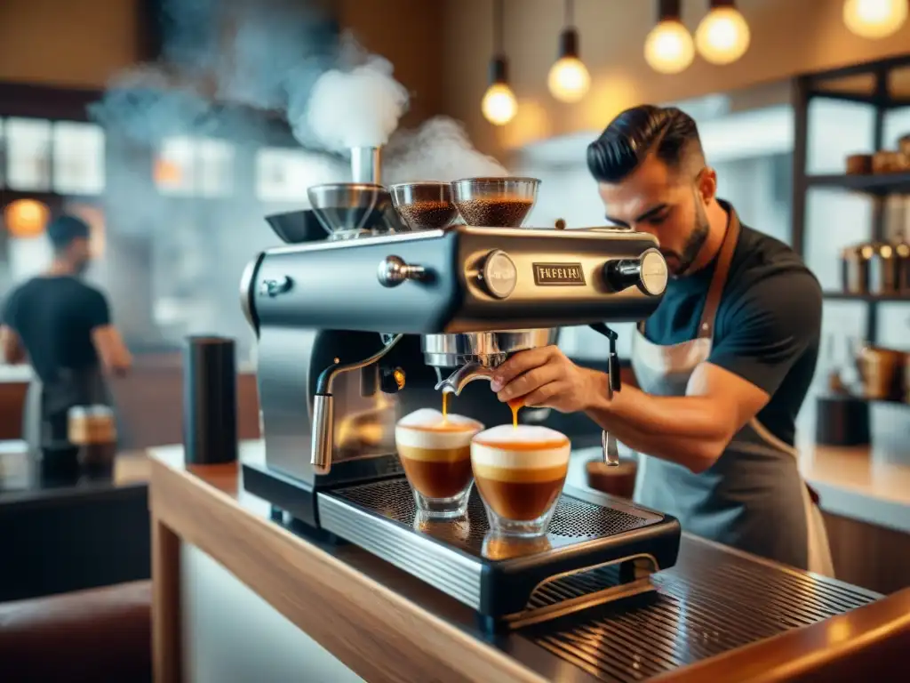 En una animada cafetería en Roma, un barista prepara un espresso italiano en detalle, mientras los clientes disfrutan de su café