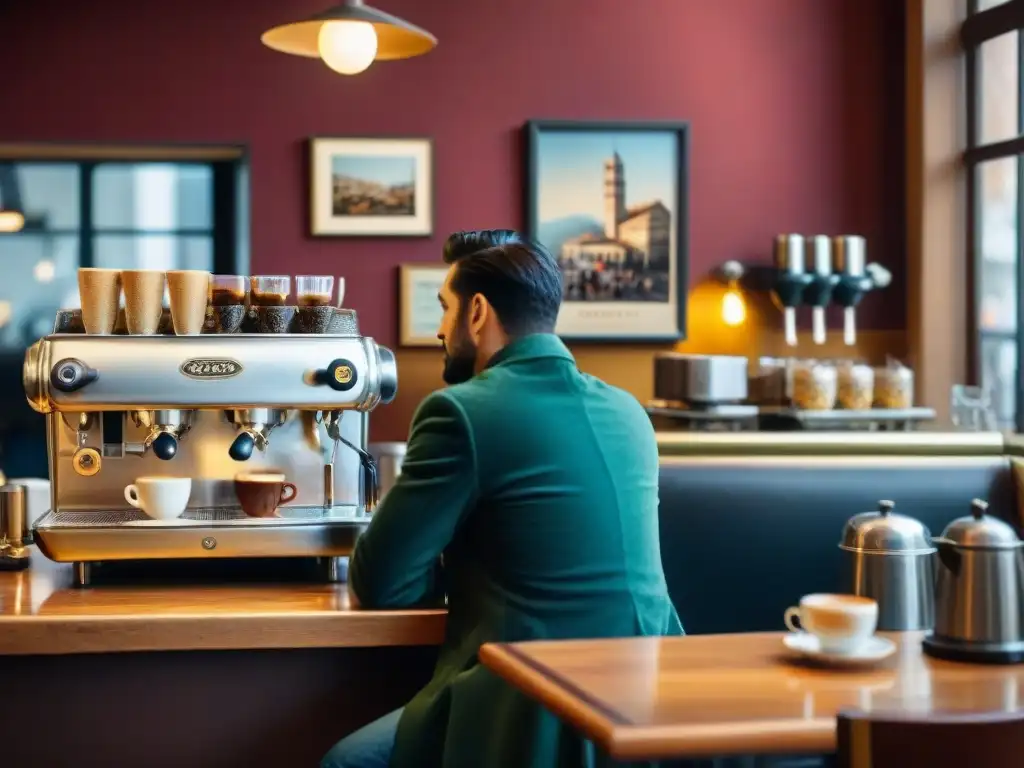 Una animada cafetería italiana del siglo XIX, evocando la historia del espresso en Italia