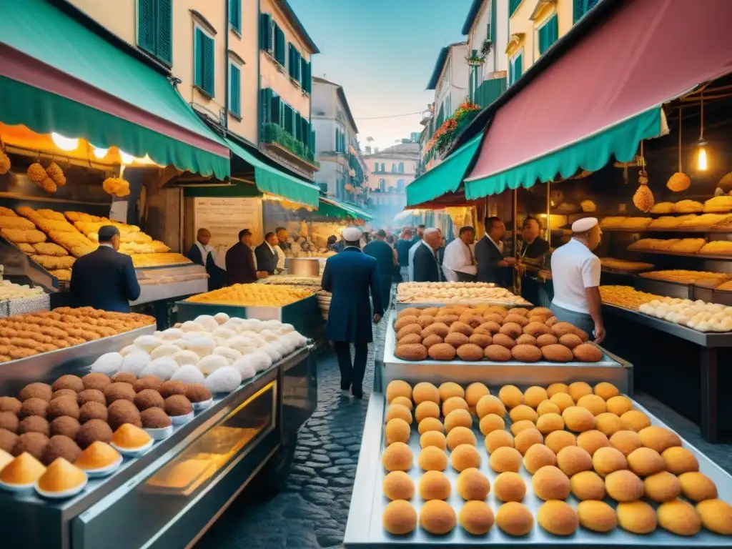 Animada calle de Nápoles en la Fiesta de San José, con puestos de Zeppole di San Giuseppe