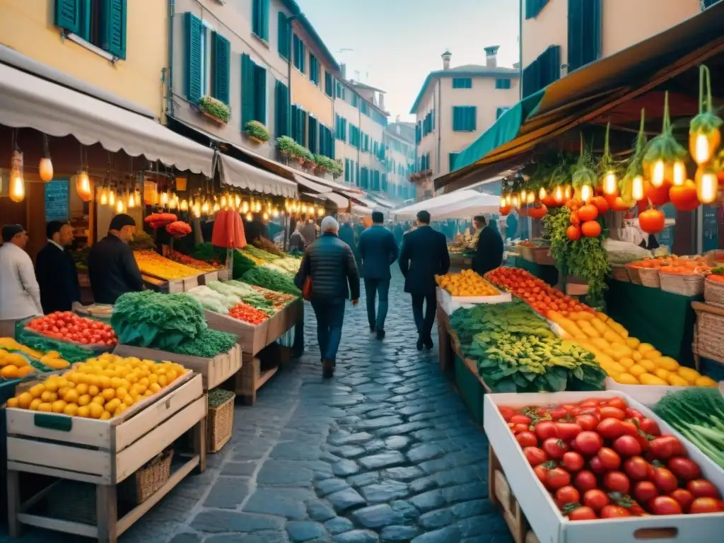 Una animada calle italiana llena de puestos de productos frescos y coloridos, vendedores locales y edificios tradicionales