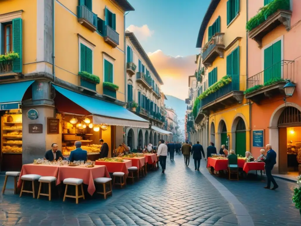 Una animada calle de Nápoles con locales y turistas disfrutando de sfogliatella, reflejando la esencia vibrante de la ciudad