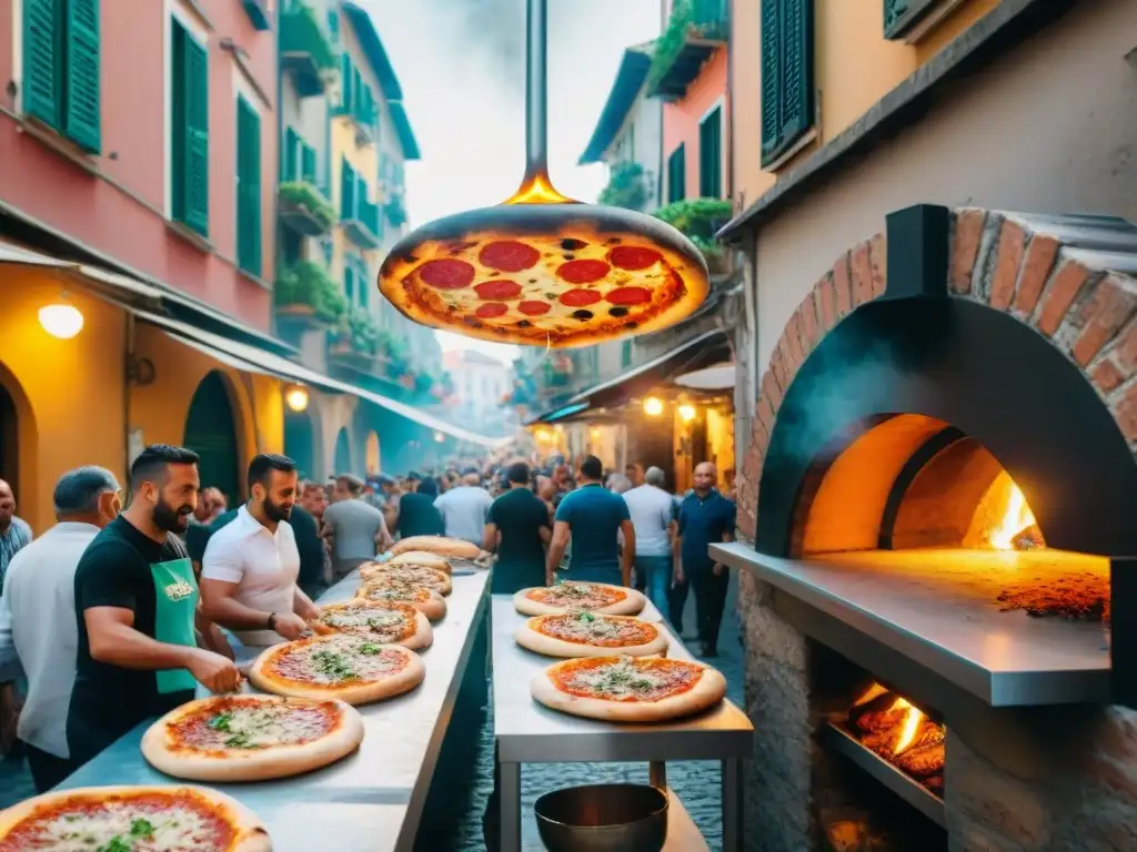 Animada calle napolitana durante festival de pizza con pizzaiolos expertos preparando auténtica pizza napolitana