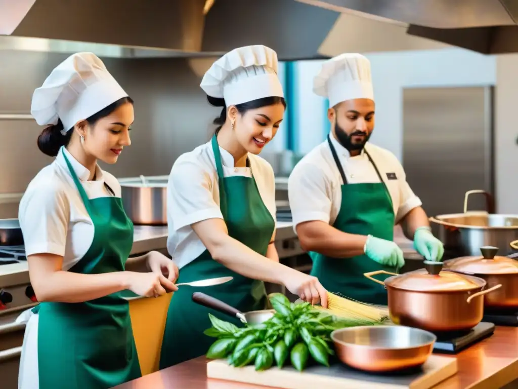 Una animada clase de cocina italiana con alumnos apasionados en 'Cursos cocina italiana tiempos reducidos'