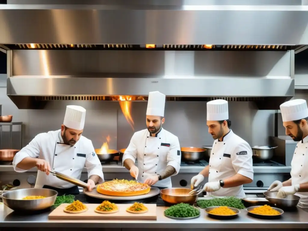 Una animada cocina italiana con chefs dedicados en estaciones de trabajo, mostrando la pasión y precisión