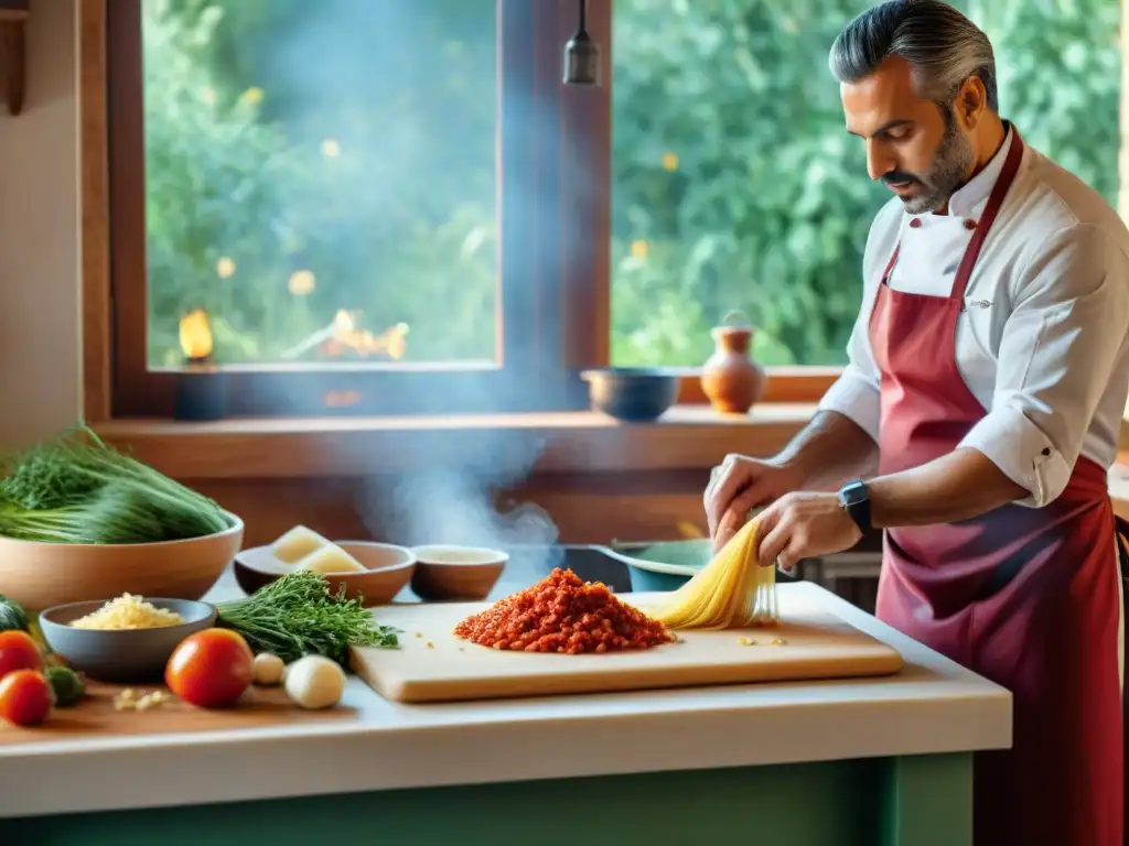 Una animada cocina italiana con chefs preparando platos icónicos en un ambiente tradicional y acogedor