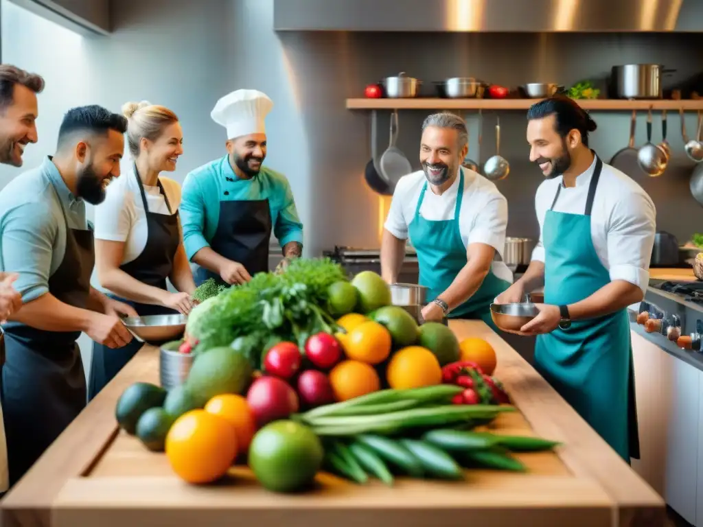 Una animada conversación de chefs de todo el mundo en una cocina sostenible, rodeados de ingredientes frescos y coloridos